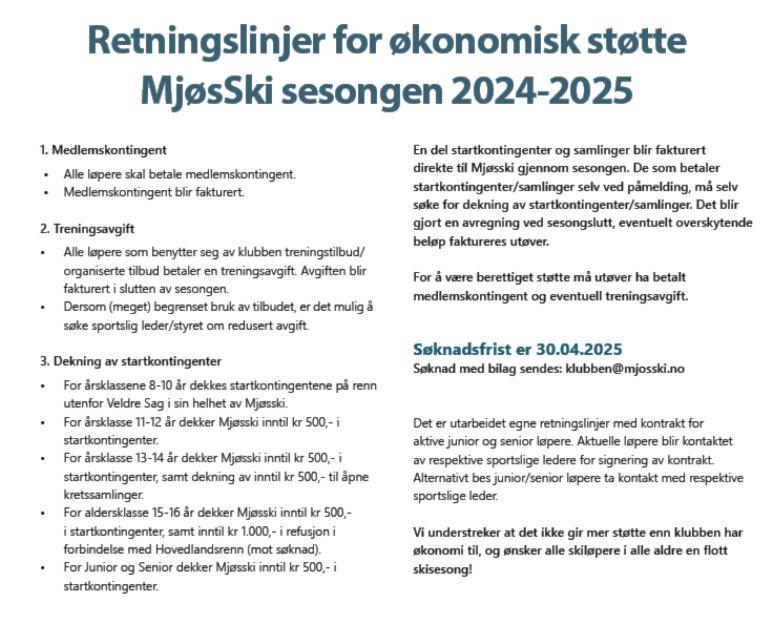 Retningslinjer for økonomisk støtte MjøsSki sesongen 2024-2025